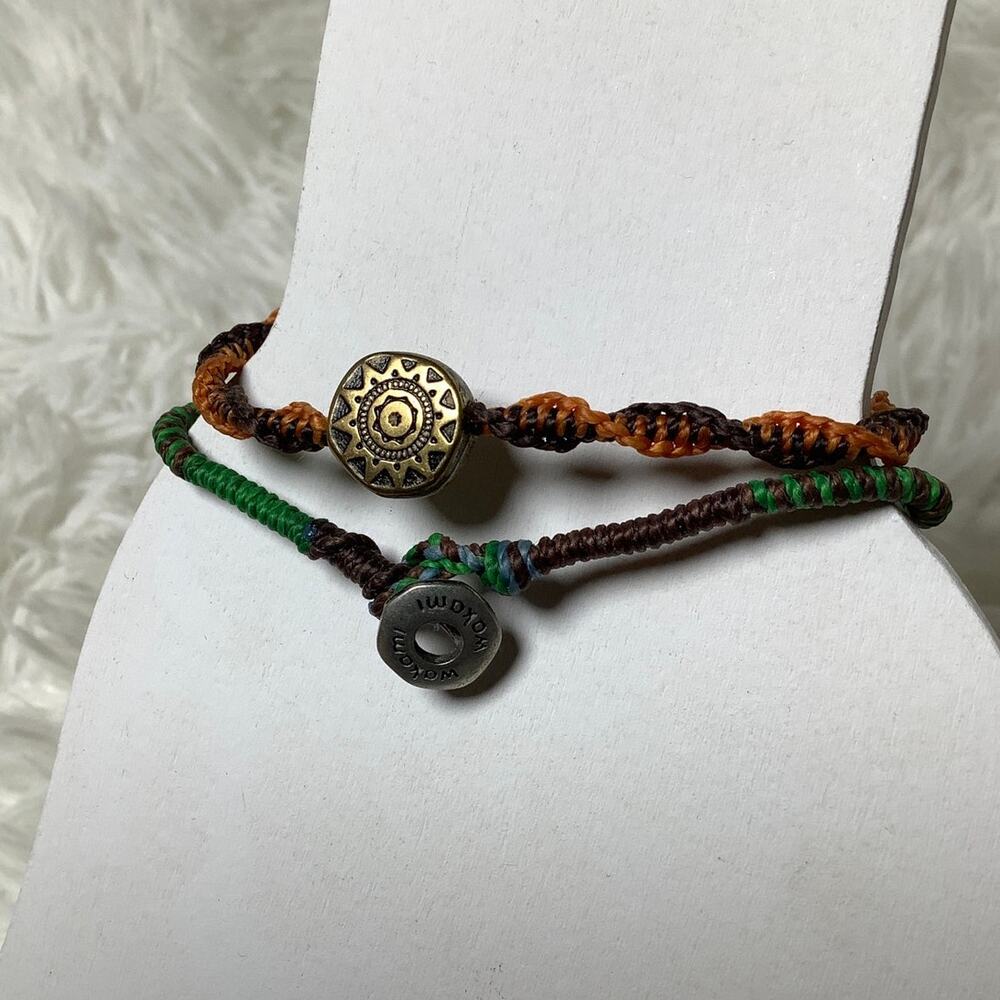 Wakami Green Orange Braided Cord Bronze Sun Charm Earth Boho Bracelet Set A7-39